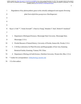 Degradation of Key Photosynthetic Genes in the Critically Endangered Semi-Aquatic Flowering