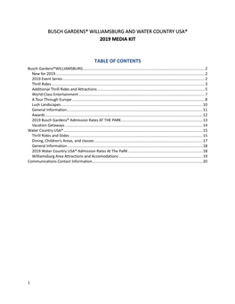 Busch Gardens® Williamsburg and Water Country Usa® 2019 Media Kit Table of Contents