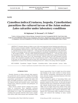 Parasitizes the Cultured Larvae of the Asian Seabass Lates Calcarifer Under Laboratory Conditions