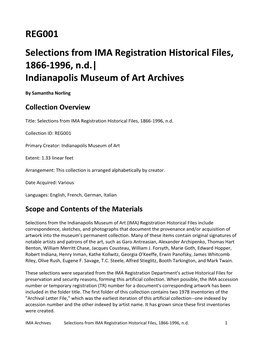 REG001 Selections from IMA Registration Historical Files, 1866-1996, N.D.| Indianapolis Museum of Art Archives