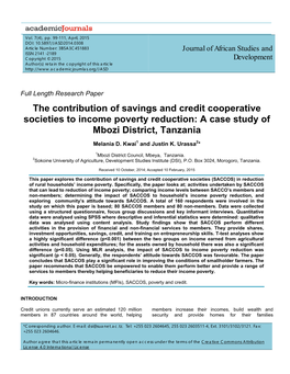 The Contribution of Savings and Credit Cooperative Societies to Income Poverty Reduction: a Case Study of Mbozi District, Tanzania