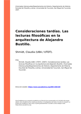Consideraciones Tardías. Las Lecturas Filosóficas En La Arquitectura De Alejandro Bustillo