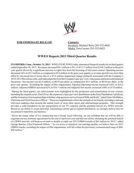 WWE® Reports 2013 Third Quarter Results