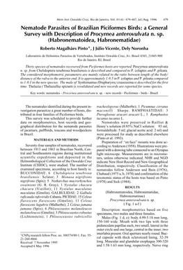 Nematode Parasites of Brazilian Piciformes Birds: a General Survey with Description of Procyrnea Anterovulvata N