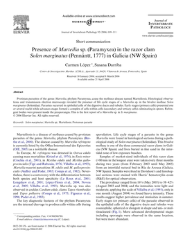 Presence of Marteilia Sp. (Paramyxea) in the Razor Clam Solen Marginatus (Pennántt, 1777) in Galicia (NW Spain)