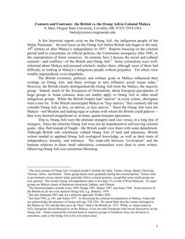 1 Contacts and Contrasts: the British Vs. the Orang Asli in Colonial Malaya A. Baer, Oregon State University, Corvallis, OR, 97