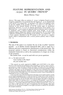 FEATURE REPRESENTATION and ±Tu(Pas) in QUEBEC FRENCH* Marie-Theâreáse Vinet