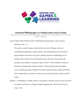 Annotated Bibliography on Analog Games and Learning