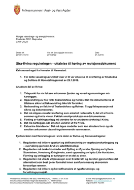 Fylkesmannens Uttalelse Til Revisjon Av Konsjonsvilkårene for Sira-Kvina-Reguleringen