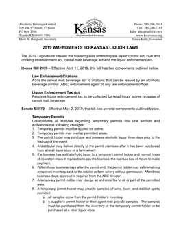 2019 Amendments to Kansas Liquor Laws Effective 5/2/19