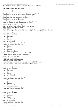 The Joker-Steve Miller Band Lyrics & Chords