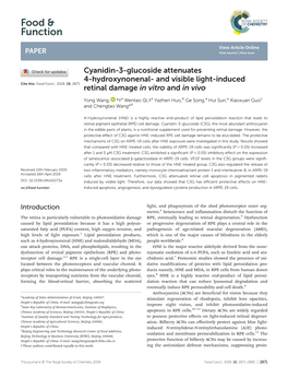 Cyanidin-3-Glucoside Attenuates 4-Hydroxynonenal- and Visible Light-Induced Cite This: Food Funct., 2019, 10, 2871 Retinal Damage in Vitro and in Vivo