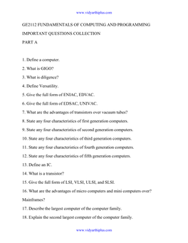 Ge2112 Fundamentals of Computing and Programming