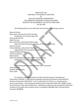 Minutes of the Meeting of the Board of Directors of Build Nyc Resource Corporation Held Remotely Pursuant to Executive Order Is