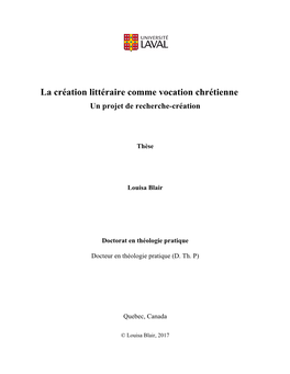 La Création Littéraire Comme Vocation Chrétienne Un Projet De Recherche-Création