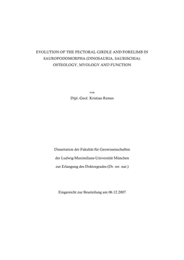 Evolution of the Pectoral Girdle and Forelimb in Sauropodomorpha (Dinosauria, Saurischia): Osteology, Myology and Function