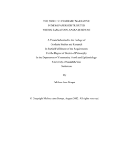 The 2009 H1n1 Pandemic Narrative in Newspapers Distributed Within Saskatoon, Saskatchewan