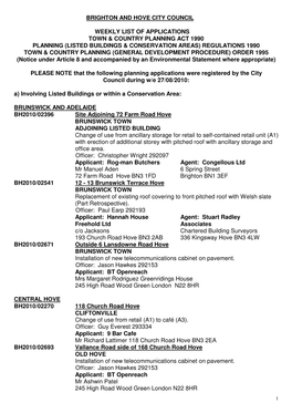 Brighton and Hove City Council Weekly List of Applications Town & Country Planning Act 1990 Planning (Listed Buildings &