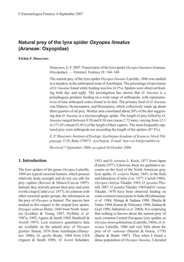 Natural Prey of the Lynx Spider Oxyopes Lineatus (Araneae: Oxyopidae)