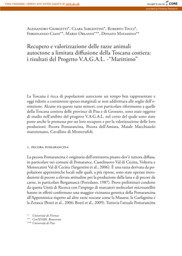 Recupero E Valorizzazione Delle Razze Animali Autoctone a Limitata Diffusione Della Toscana Costiera: I Risultati Del Progetto V.A.G.A.L