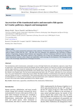 An Overview of the Translocated Native and Non-Native Fish Species in Croatia: Pathways, Impacts and Management