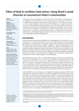 Cities of God in Northern Asia Minor: Using Stark’S Social Theories to Reconstruct Peter’S Communities