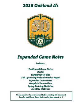 2018 Oakland A's Expanded Game Notes