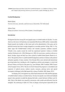 Football Hooliganism Ramón Spaaij Victoria University, Australia, and University of Amsterdam, the Netherlands Alberto Testa