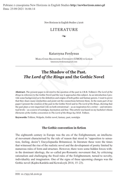 The Shadow of the Past. the Lord of the Rings and the Gothic Novel