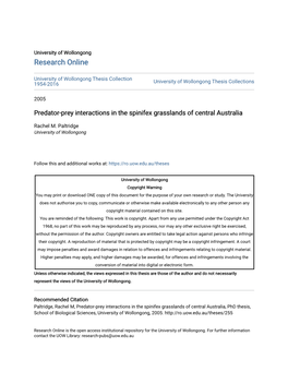 Predator-Prey Interactions in the Spinifex Grasslands of Central Australia