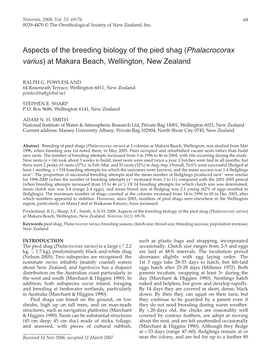 Aspects of the Breeding Biology of the Pied Shag (Phalacrocorax Varius) at Makara Beach, Wellington, New Zealand