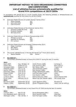 IMPORTANT NOTICE to CSIO ORGANISING COMMITTEES and COMPETITORS List of Athletes/Horses Automatically Qualified for Grand Prix Competitions at 2013 Csios