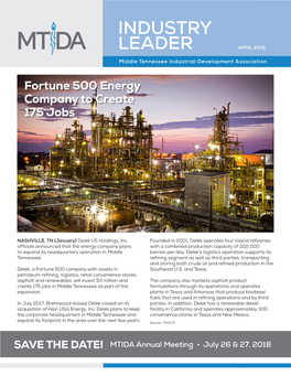 INDUSTRY LEADER APRIL 2018 Middle Tennessee Industrial Development Association