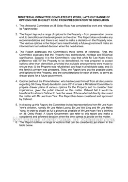 Ministerial Committee Completes Its Work, Lays out Range of Options for 38 Oxley Road from Preservation to Demolition