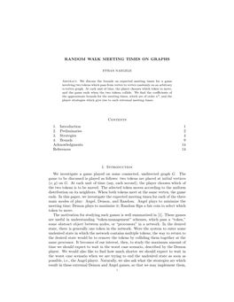 RANDOM WALK MEETING TIMES on GRAPHS Contents 1. Introduction