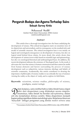 Pengaruh Budaya Dan Agama Terhadap Sains Sebuah Survey Kritis Mohammad Muslih* Institut Studi Islam Darussalam (ISID) Gontor Muhd.Muslih@Gmail.Com
