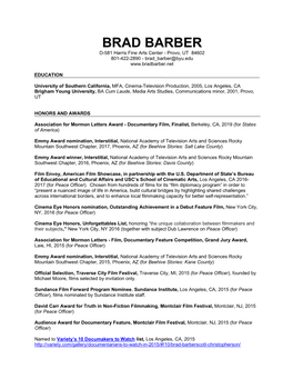 BRAD BARBER D-581 Harris Fine Arts Center - Provo, UT 84602 801-422-2890 - Brad Barber@Byu.Edu