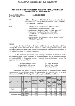 Support to Urban Street Vendors (SUSV) – Survey of Street Vendors in Newly Constituted Ulbs – Sanction - Regarding