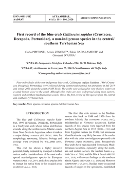 First Record of the Blue Crab Callinectes Sapidus (Crustacea, Decapoda, Portunidae), a Non-Indigenous Species in the Central/ Southern Tyrrhenian Sea