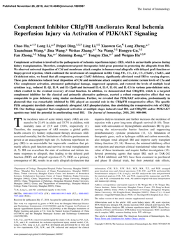 Complement Inhibitor Crig/FH Ameliorates Renal Ischemia Reperfusion Injury Via Activation of PI3K/AKT Signaling