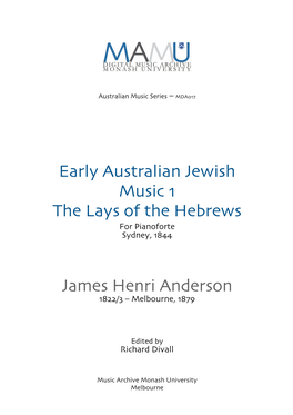 Early Australian Jewish Music 1 the Lays of the Hebrews for Pianoforte Sydney, 1844