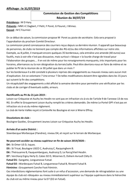 Affichage : Le 31/07/2019 Commission De Gestion Des Compétitions Réunion Du 30/07/19 Présidence : M D Hary