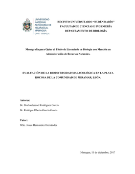 Recinto Universitario “Rubén Darío” Facultad De Ciencias E Ingeniería Departamento De Biología