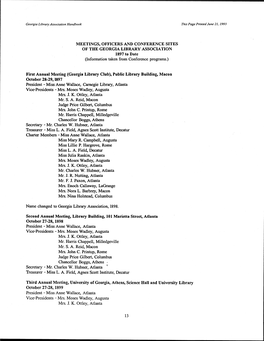 MEETINGS, OFFICERS and CONFERENCE SITES of the GEORGIA LIBRARY ASSOCIATION 1897 to Date (Information Taken from Conference Programs.)