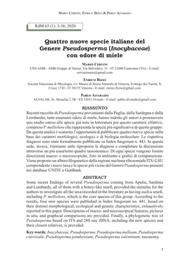 Quattro Nuove Specie Italiane Del Genere Pseudosperma (Inocybaceae) Con Odore Di Miele