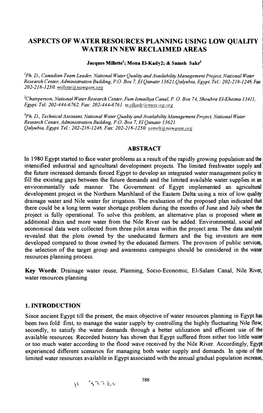 ASPECTS of WATER RESOURCES PLANNING USING LOW QUALITY the Il WATER in NEW RECLAIMED AREAS SO Fa Thet: Jacques Millette!; Mona EI-Kady2; & Sameh Saki Nott