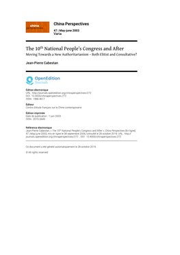 China Perspectives, 47 | May-June 2003 the 10Th National People’S Congress and After 2