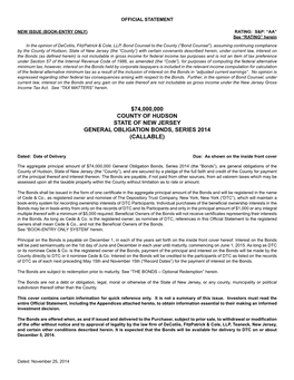 $74,000,000 County of Hudson State of New Jersey General Obligation Bonds, Series 2014 (Callable)