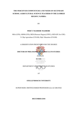 The Perceived Competencies and Needs of Secondary School Agricultural Science Teachers in the Zambezi Region, Namibia