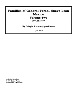 Families of General Teran, Nuevo Leon, Mexico Volume Two (1823-1833) 2Nd Edition by Crispin.Rendon@Gmail.Com